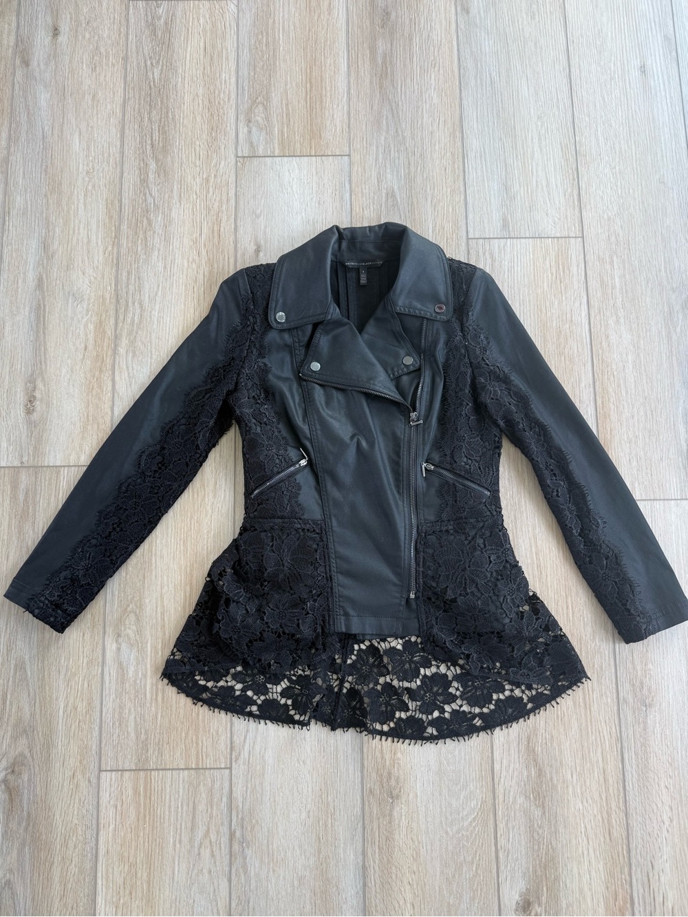 White House Black Market Black Faux Leather Moto Jacket with Lace Trim